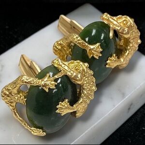 Mid Century Estate MENS Solid 14K Yellow Gold DRAGON Green Jade “EGG” Cufflinks!